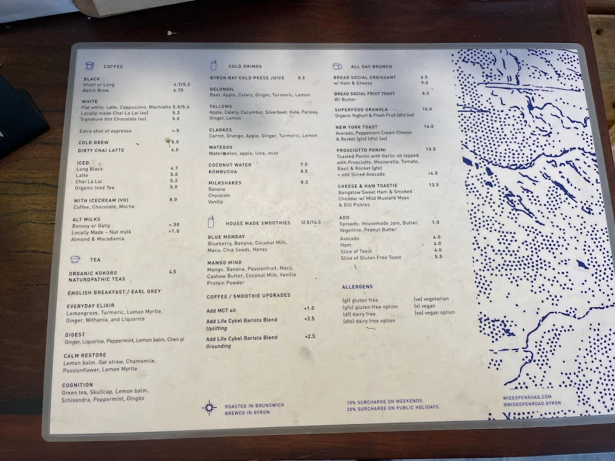 Menu, Wide Open Road Cafe