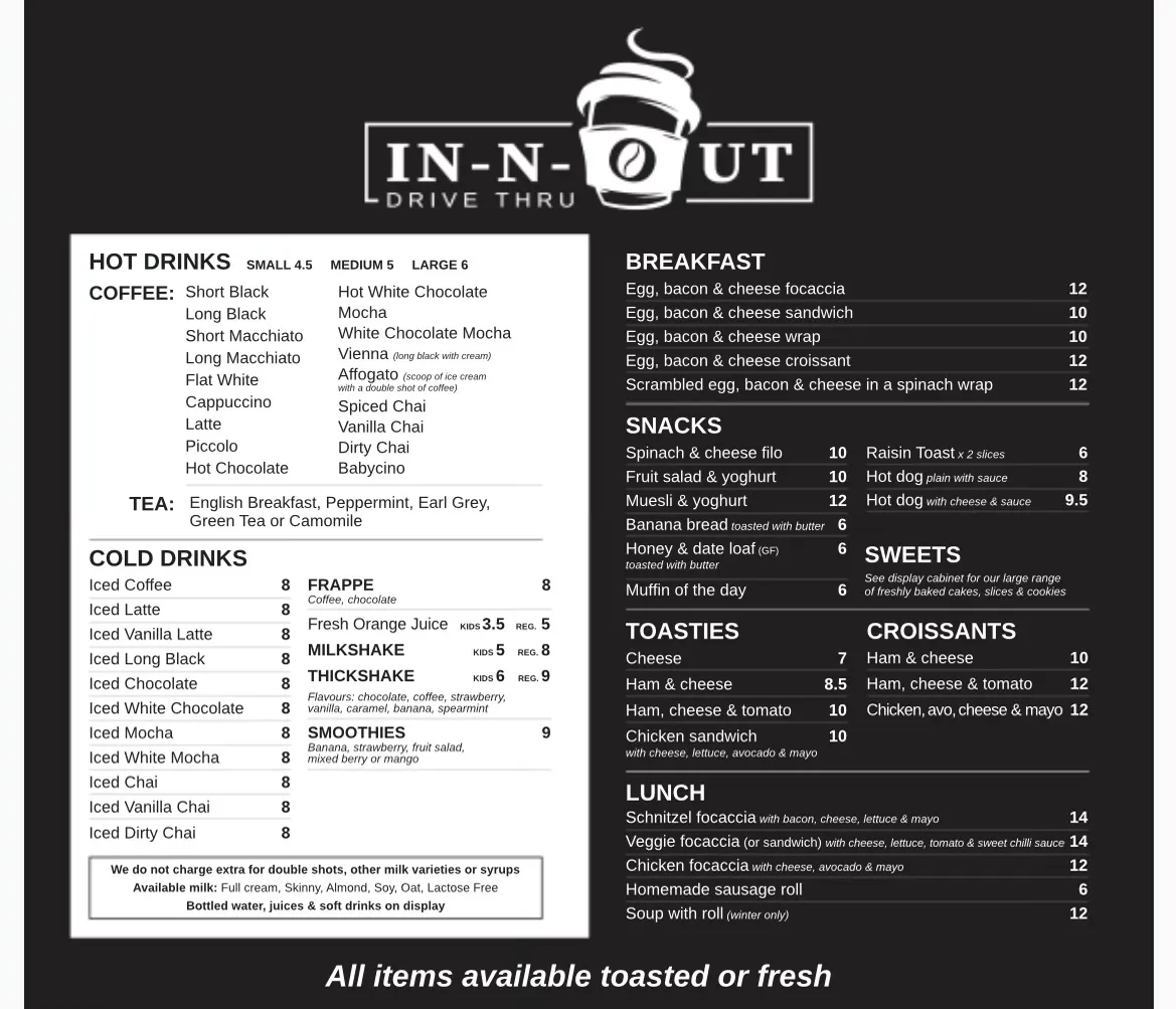 Menu, In n Out Drive Thru