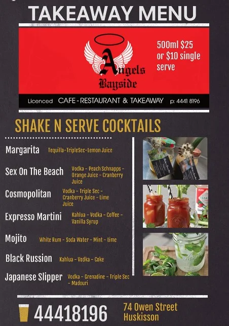Menu, Angels Bayside Cafe
