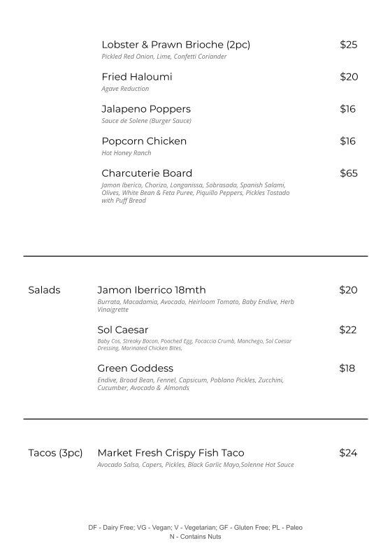 Menu, Solenne Restaurant & Bar