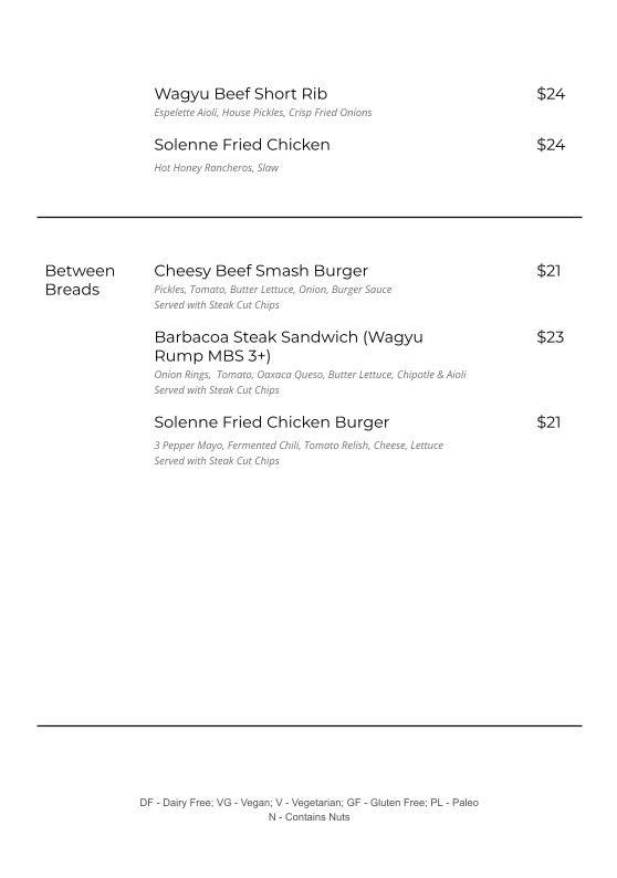 Menu, Solenne Restaurant & Bar