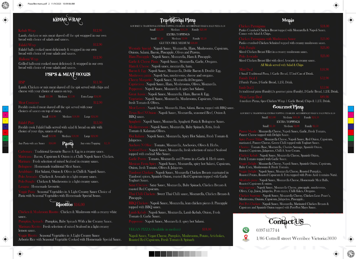 Menu, Westside Pizza