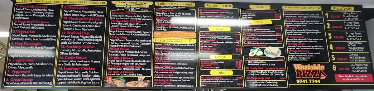 Menu, Westside Pizza