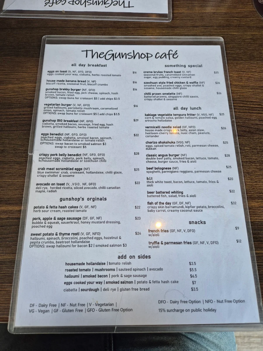 Menu, The Gunshop Cafe