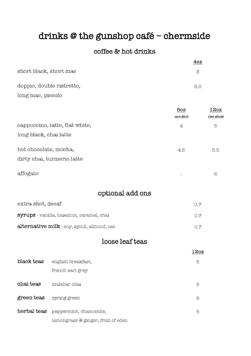 Menu, The Gunshop Cafe
