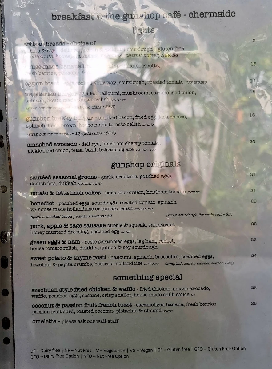 Menu, The Gunshop Cafe