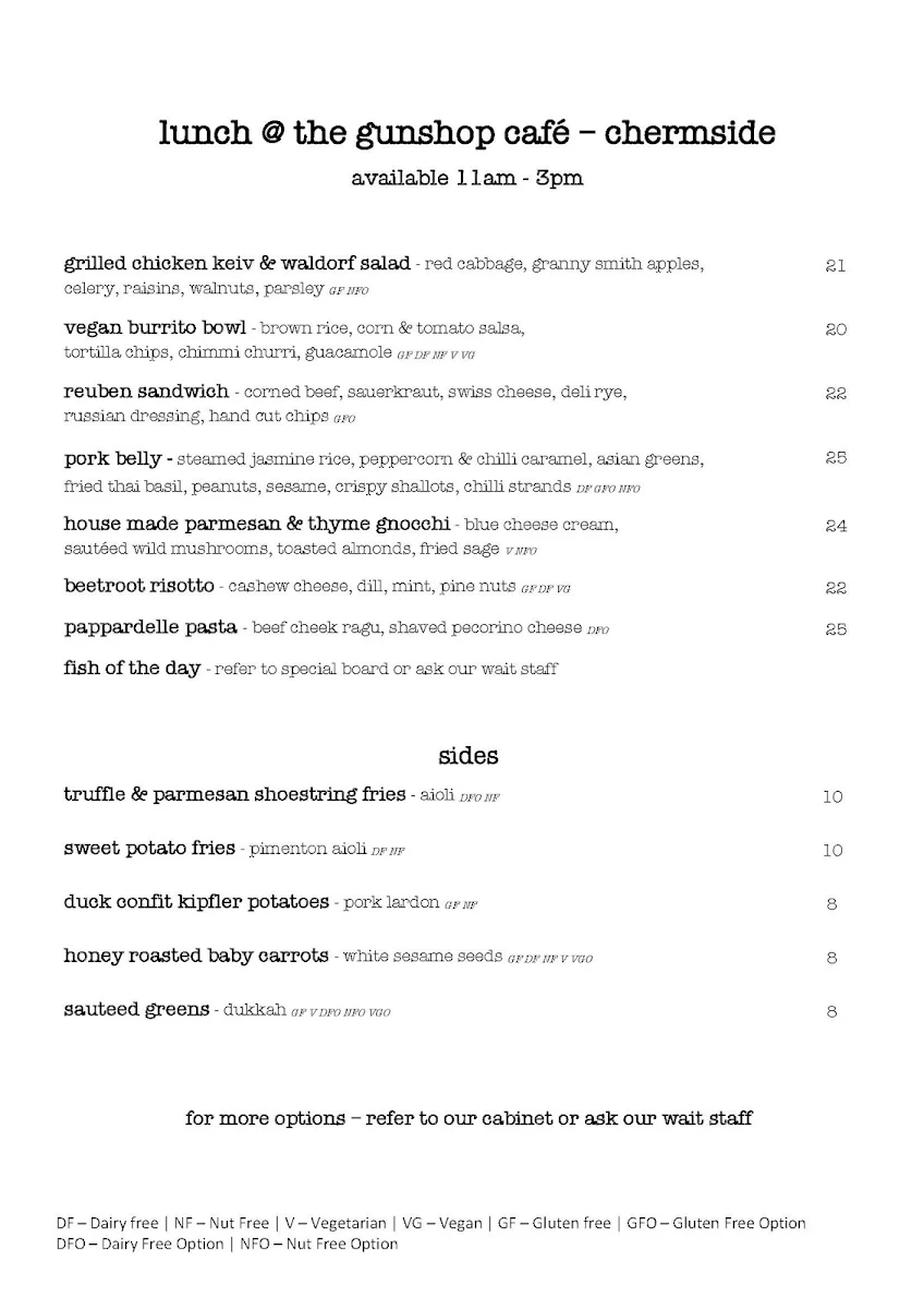 Menu, The Gunshop Cafe
