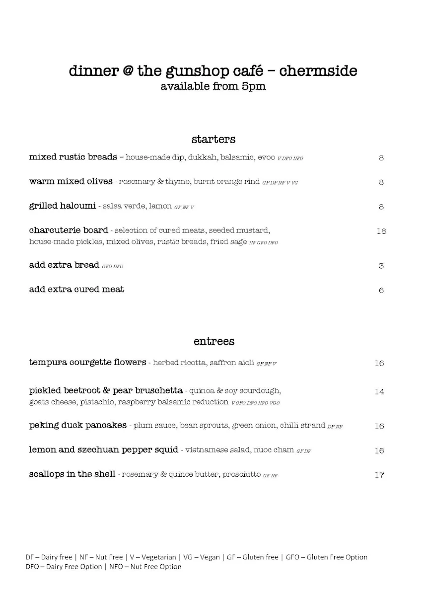 Menu, The Gunshop Cafe