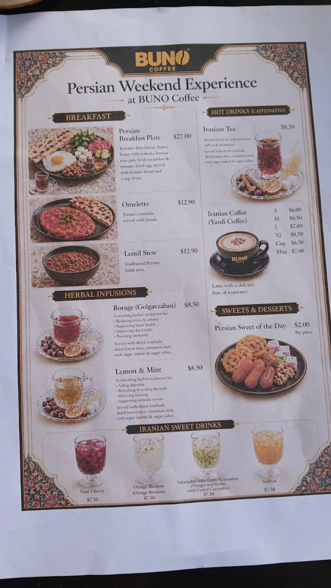 Menu, Buno Coffee Roasters and Cafe