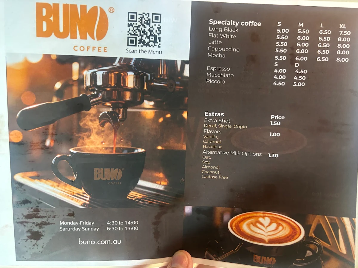 Menu, Buno Coffee Roasters and Cafe