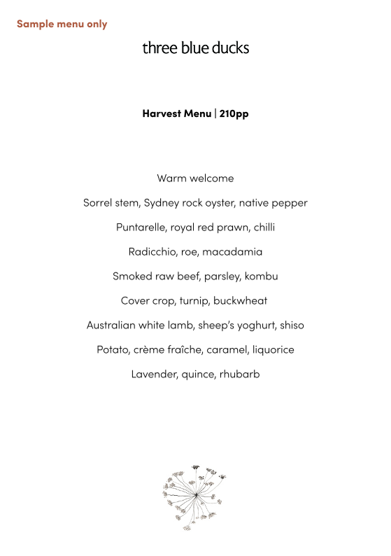 Menu, Three Blue Ducks Burradoo (Restaurant)