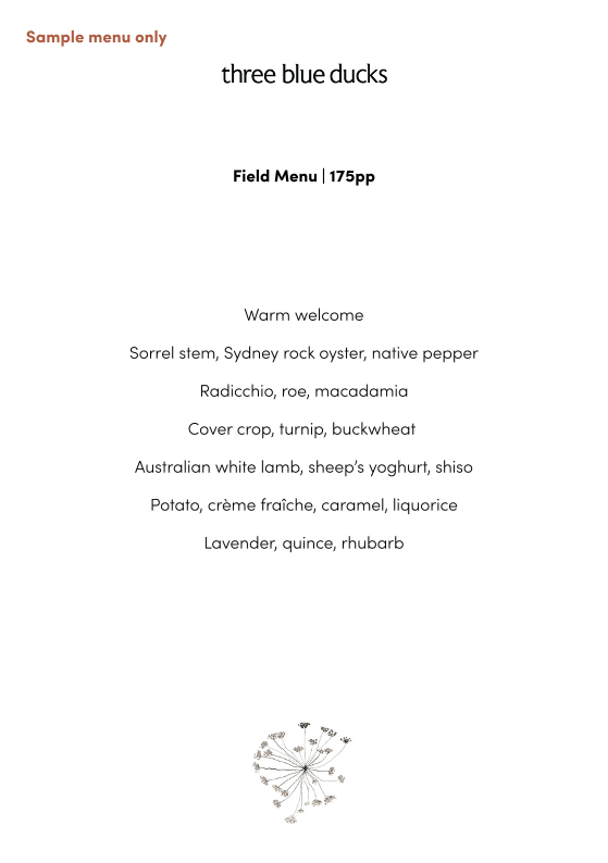 Menu, Three Blue Ducks Burradoo (Restaurant)