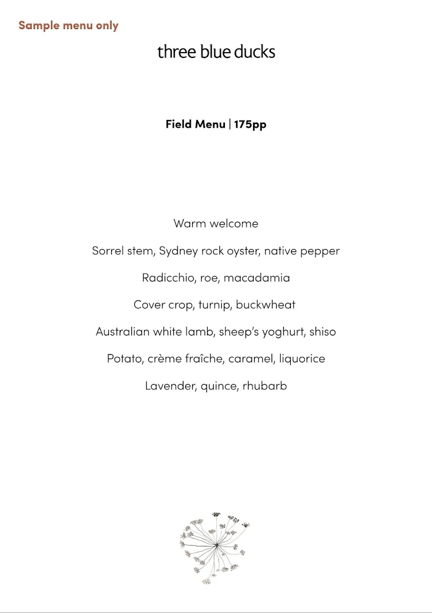 Menu, Three Blue Ducks Burradoo (Restaurant)