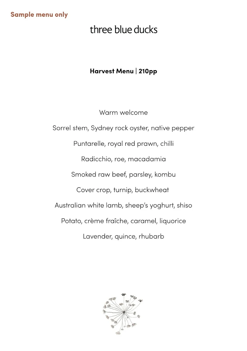 Menu, Three Blue Ducks Burradoo (Restaurant)