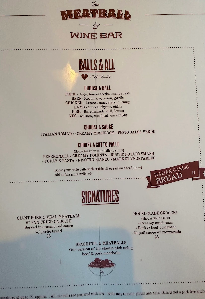 Menu, The Meatball & Wine Bar - Flinders Lane