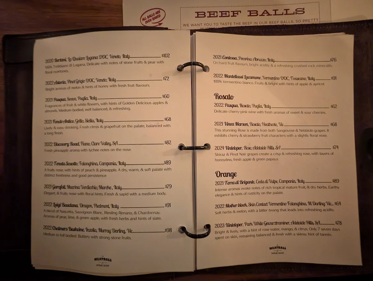 Menu, The Meatball & Wine Bar - Flinders Lane