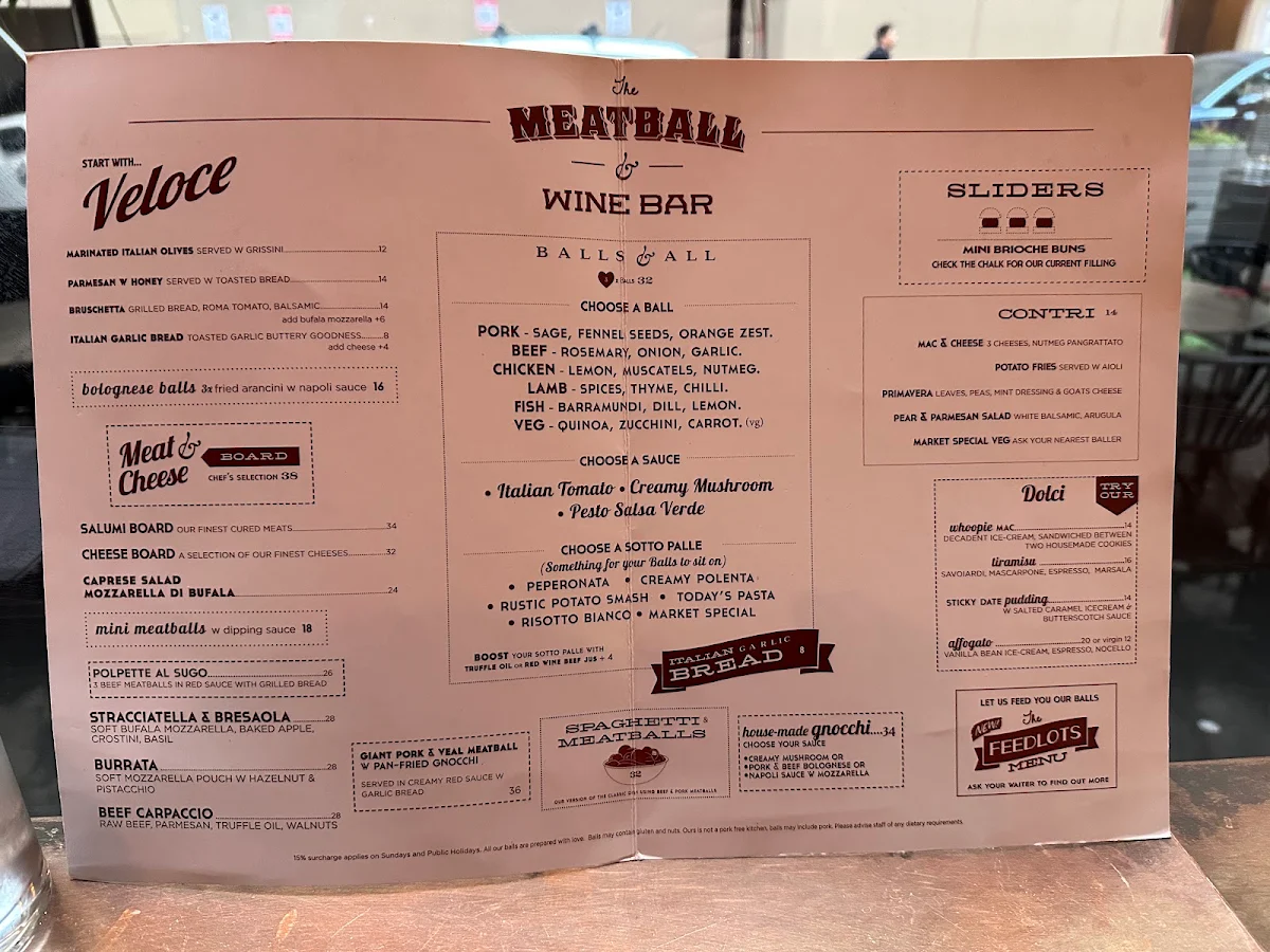 Menu, The Meatball & Wine Bar - Flinders Lane