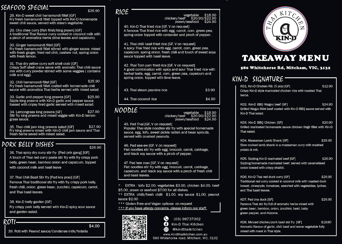 Menu, @Kin-D Thai Kitchen (Mitcham)