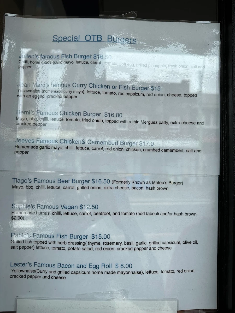 Menu, Out Of The Blue Clovelly
