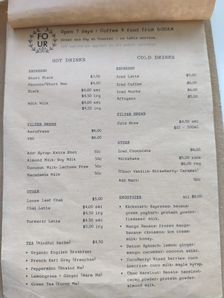 Menu, Four Espresso