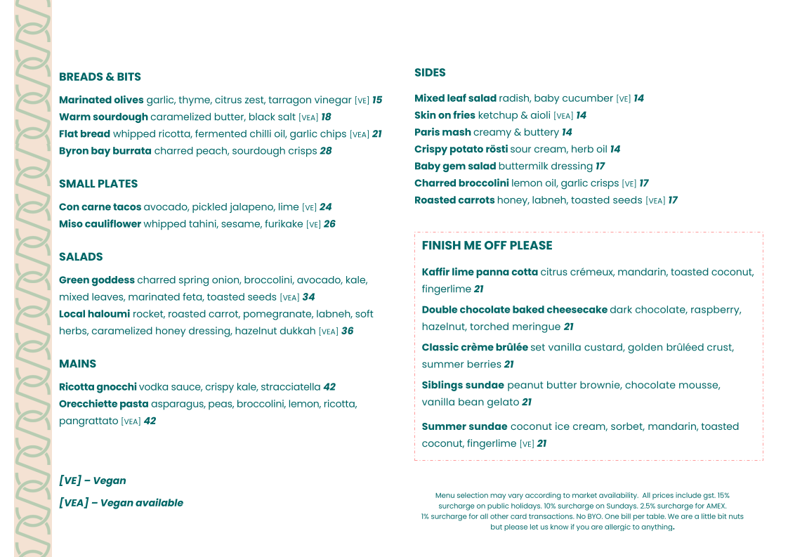 Menu, Siblings@Kirra