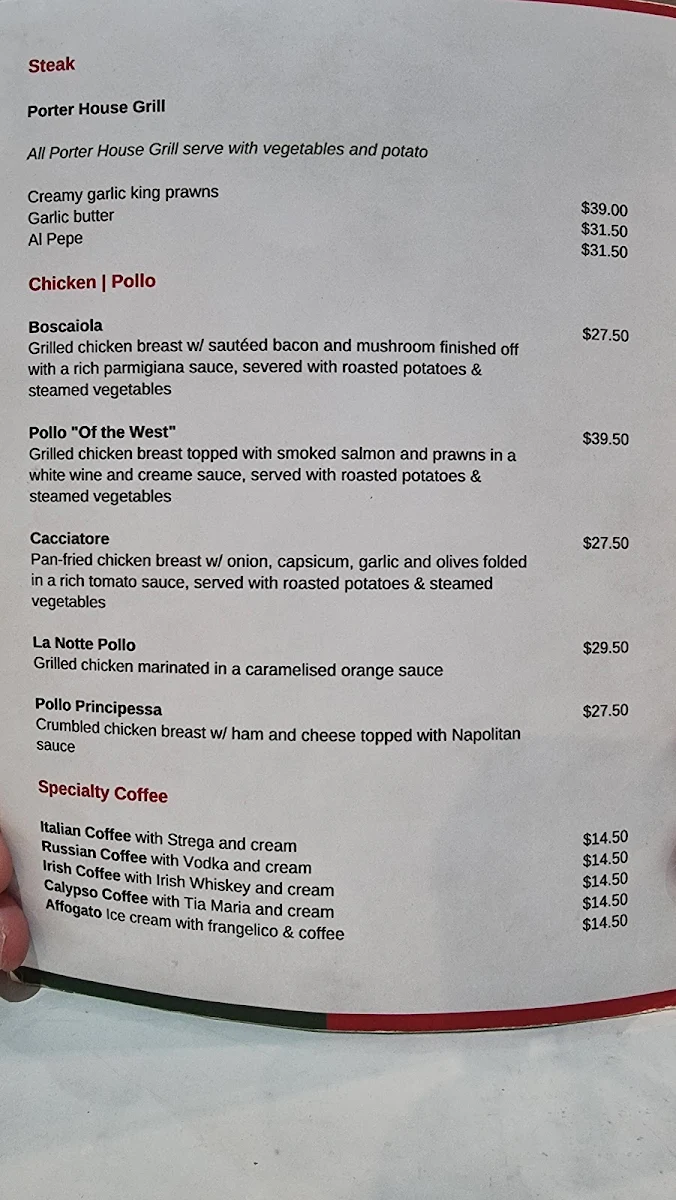Menu, La Notte Uno Lake Munmorah