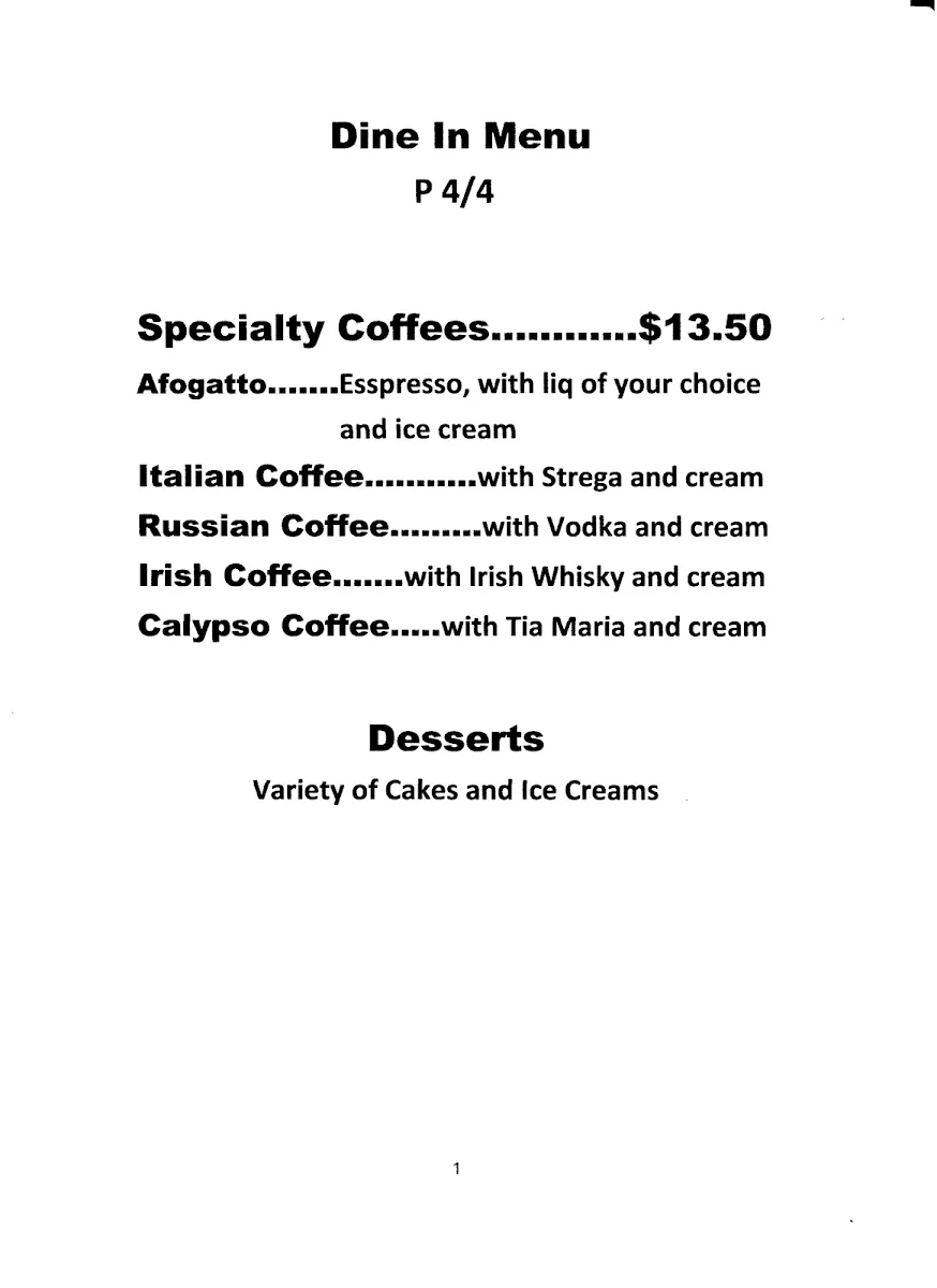 Menu, La Notte Uno Lake Munmorah
