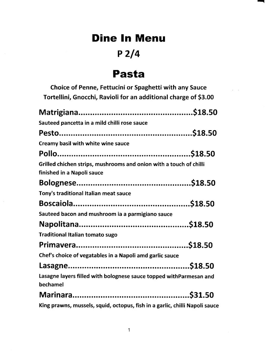 Menu, La Notte Uno Lake Munmorah