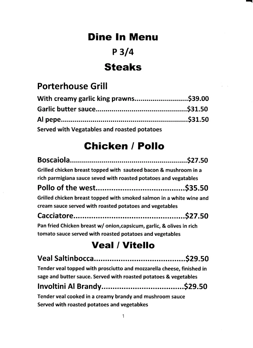 Menu, La Notte Uno Lake Munmorah