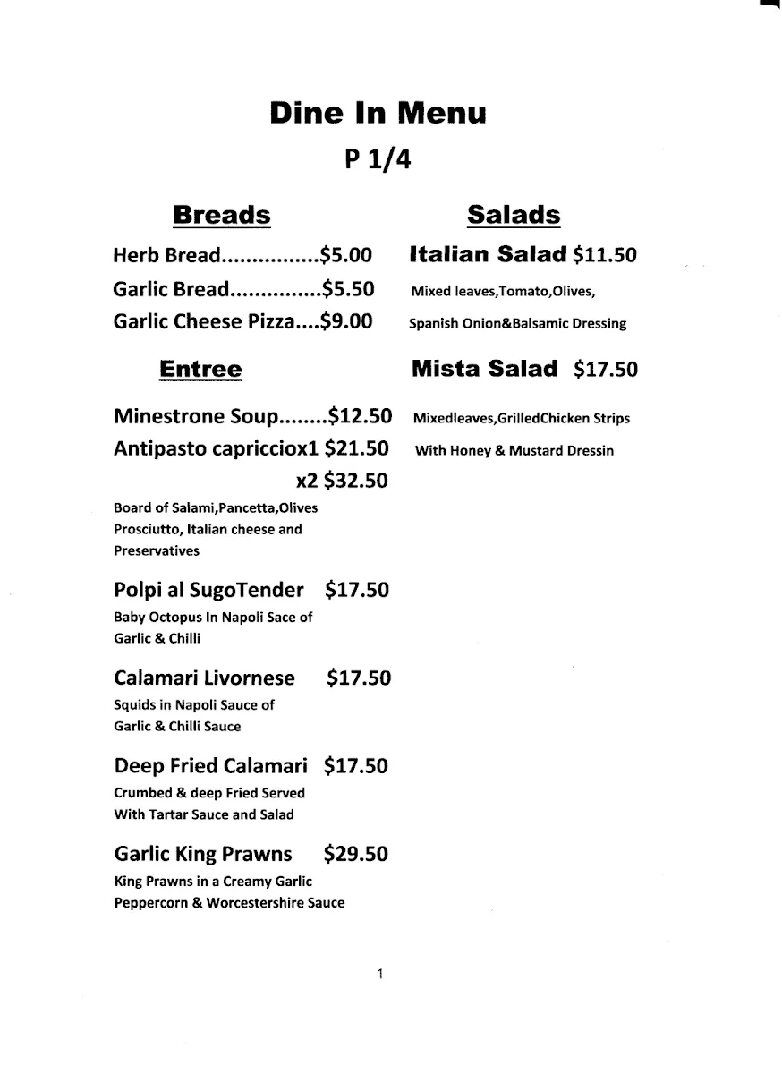 Menu, La Notte Uno Lake Munmorah