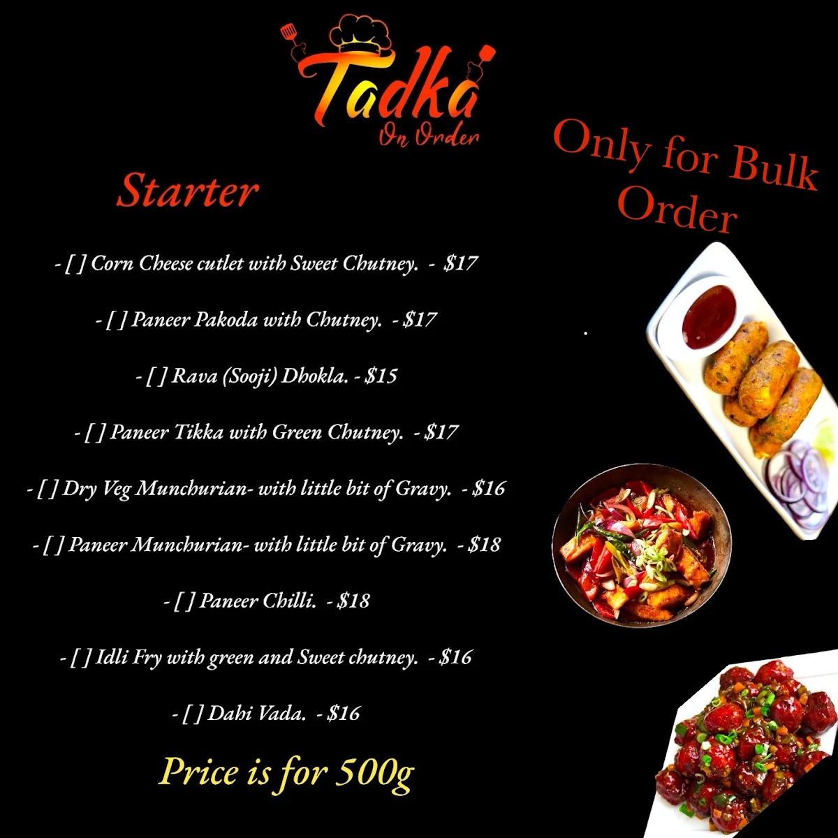 Menu, Tadka On Order