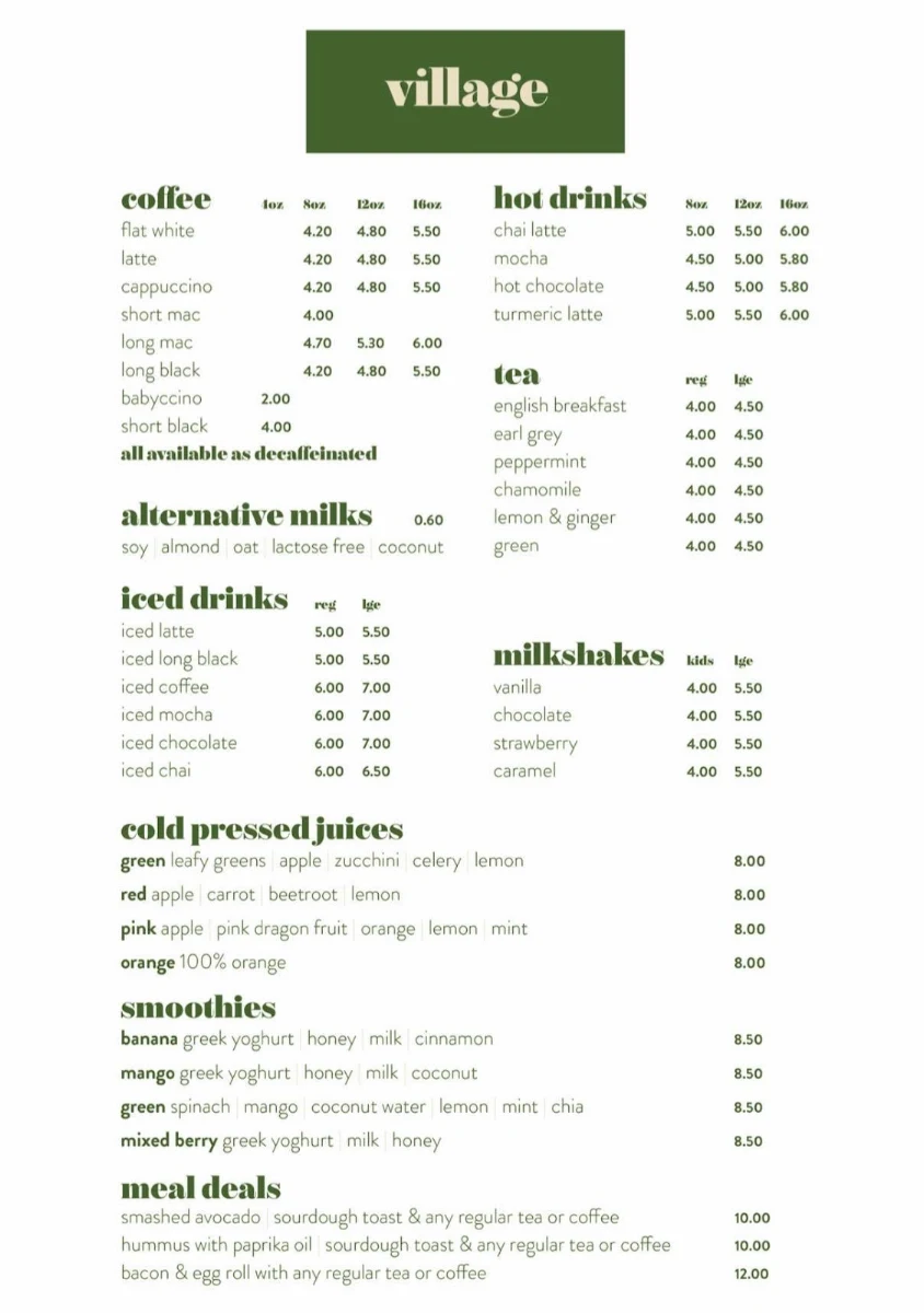 Menu, Village Coffee