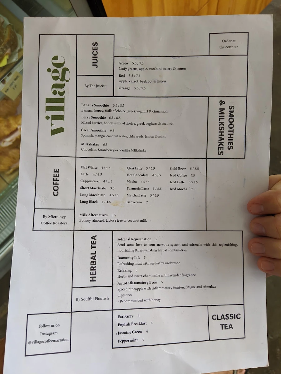 Menu, Village Coffee