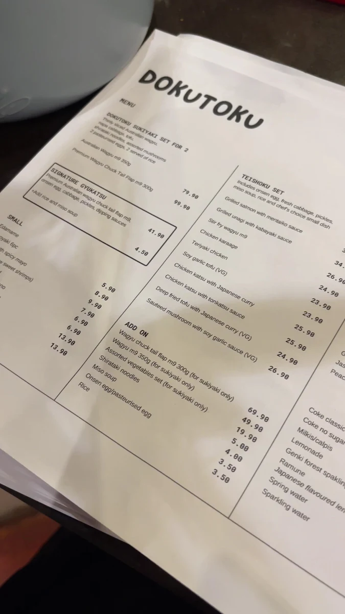 Menu, DOKUTOKU