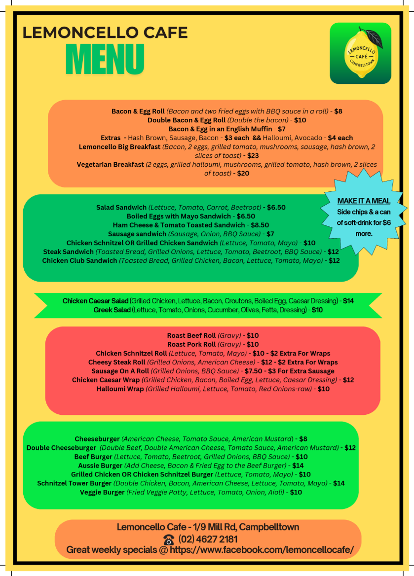 Menu, Lemoncello Cafe