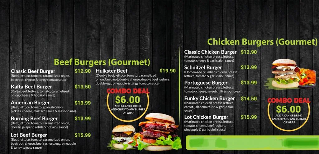 Menu, Funky Burgers & Cafe