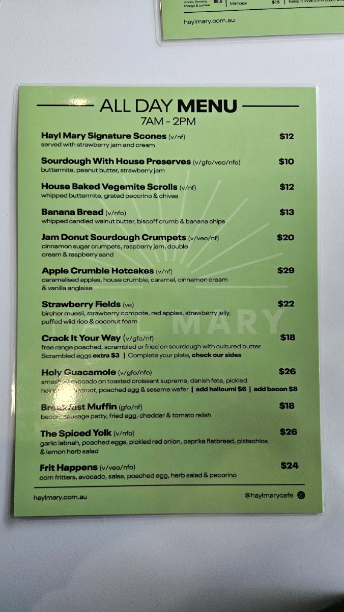Menu, Hayl Mary