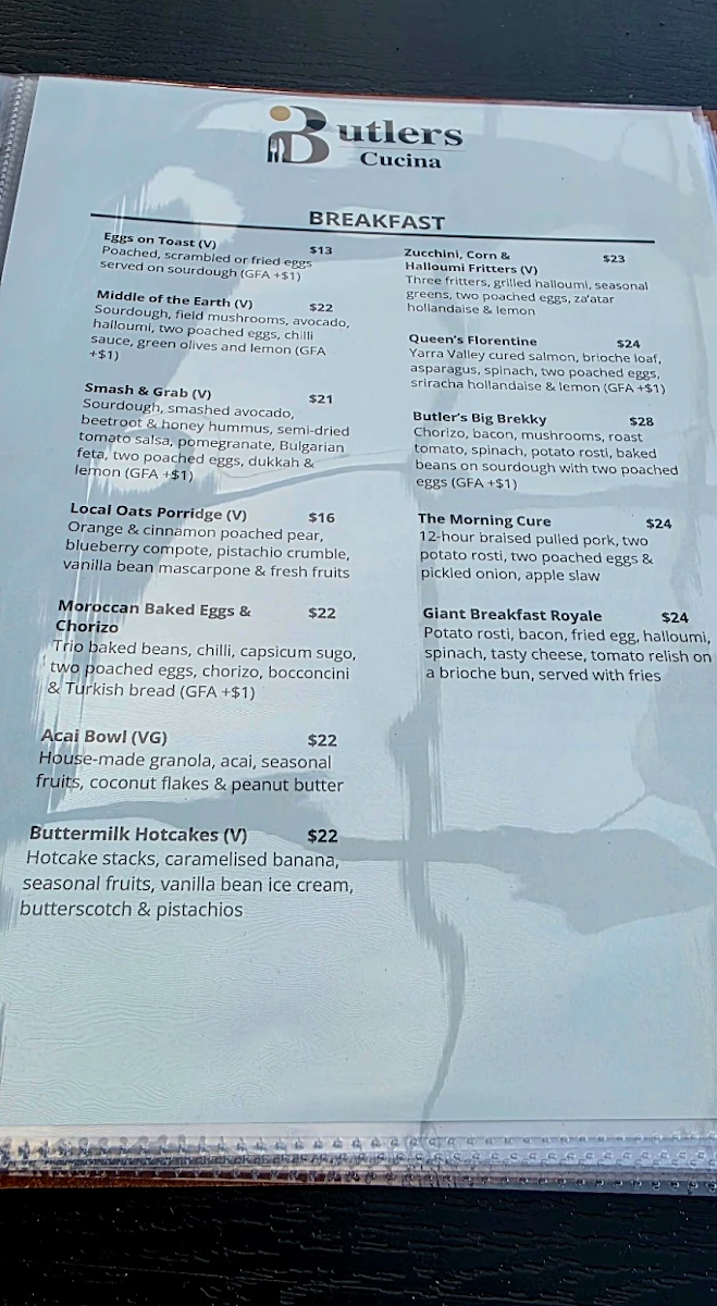 Menu, Butlers Cucina