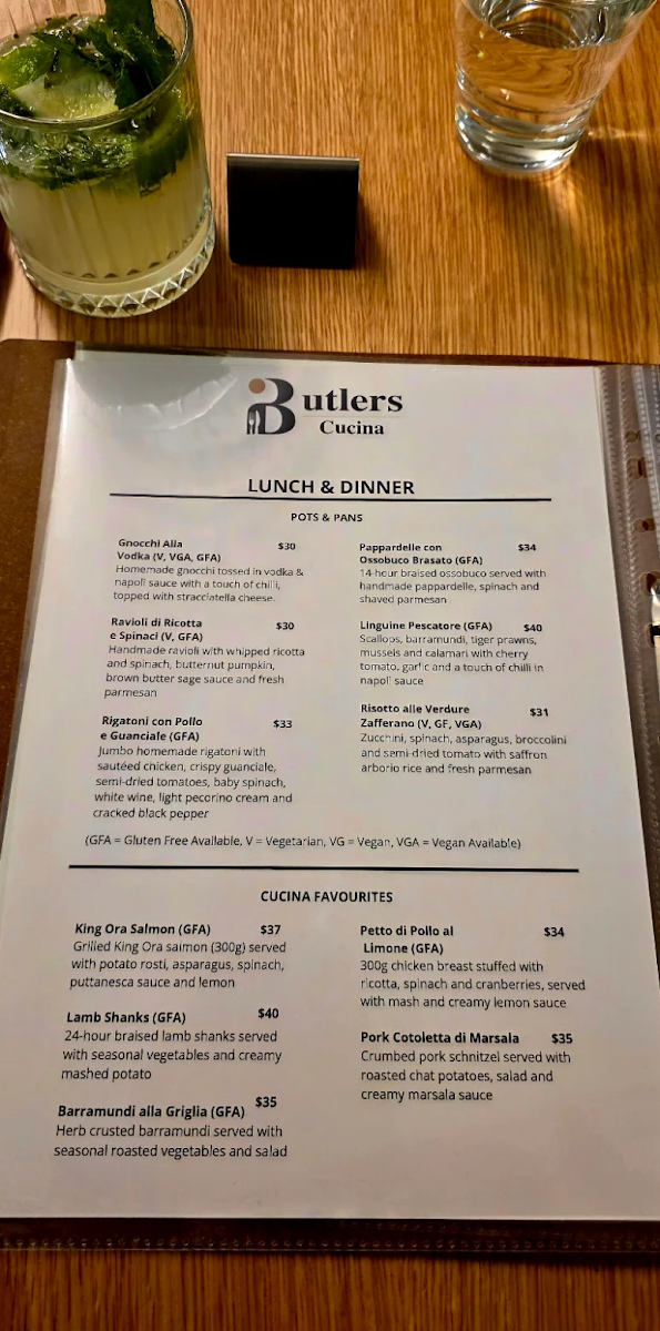 Menu, Butlers Cucina