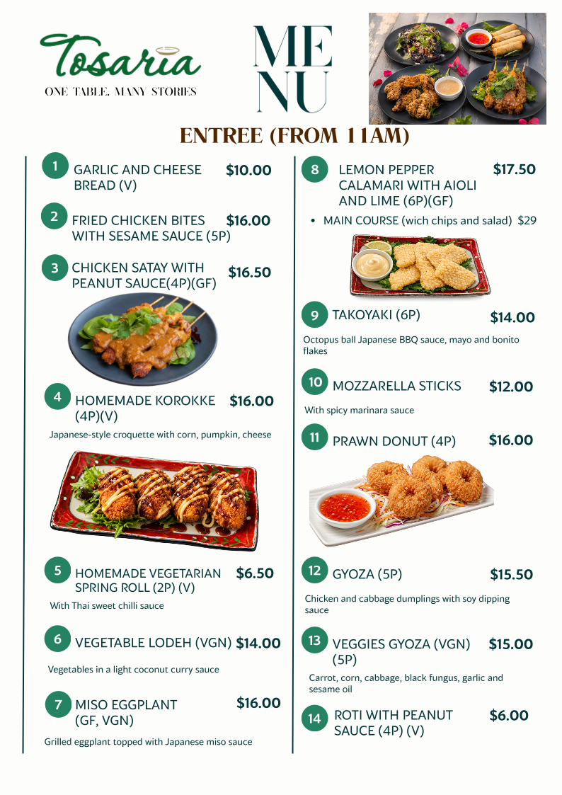 Menu, Tosaria Restaurant