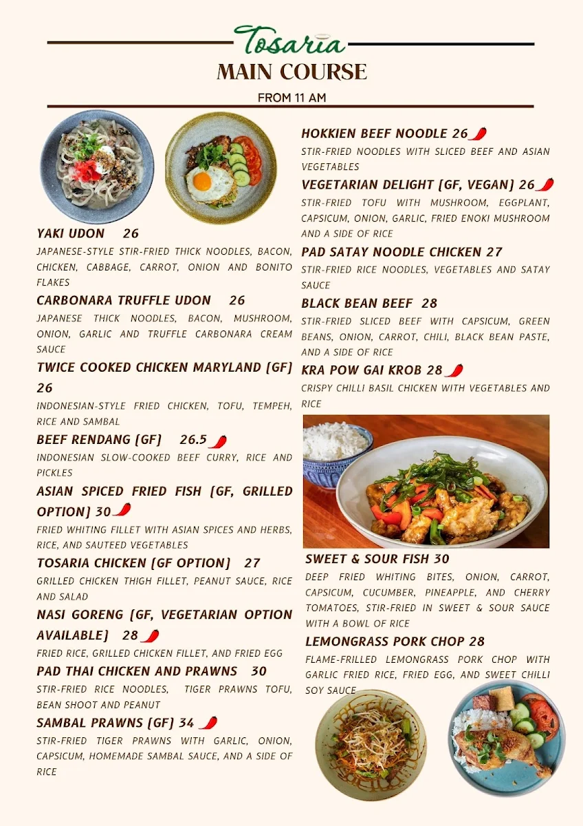 Menu, Tosaria Restaurant
