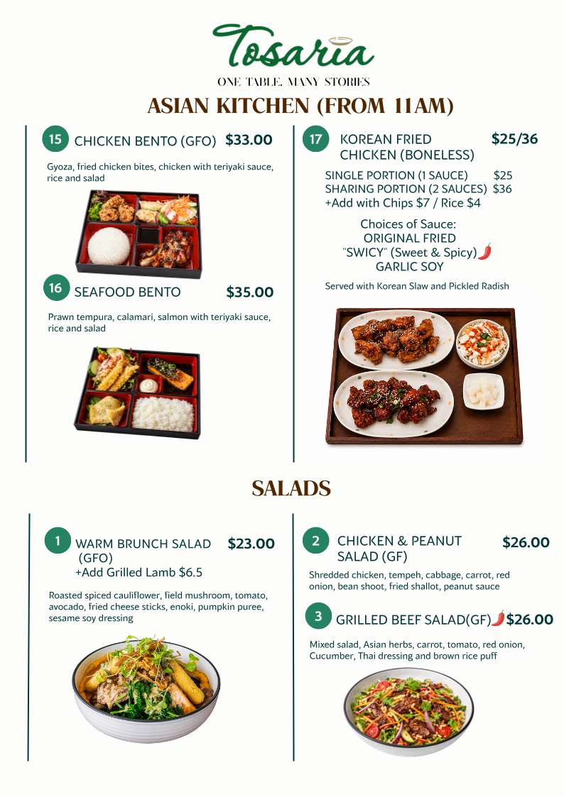 Menu, Tosaria Restaurant