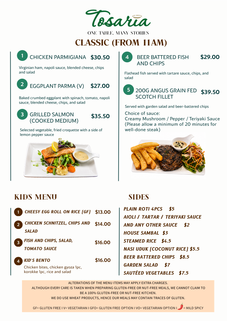 Menu, Tosaria Restaurant