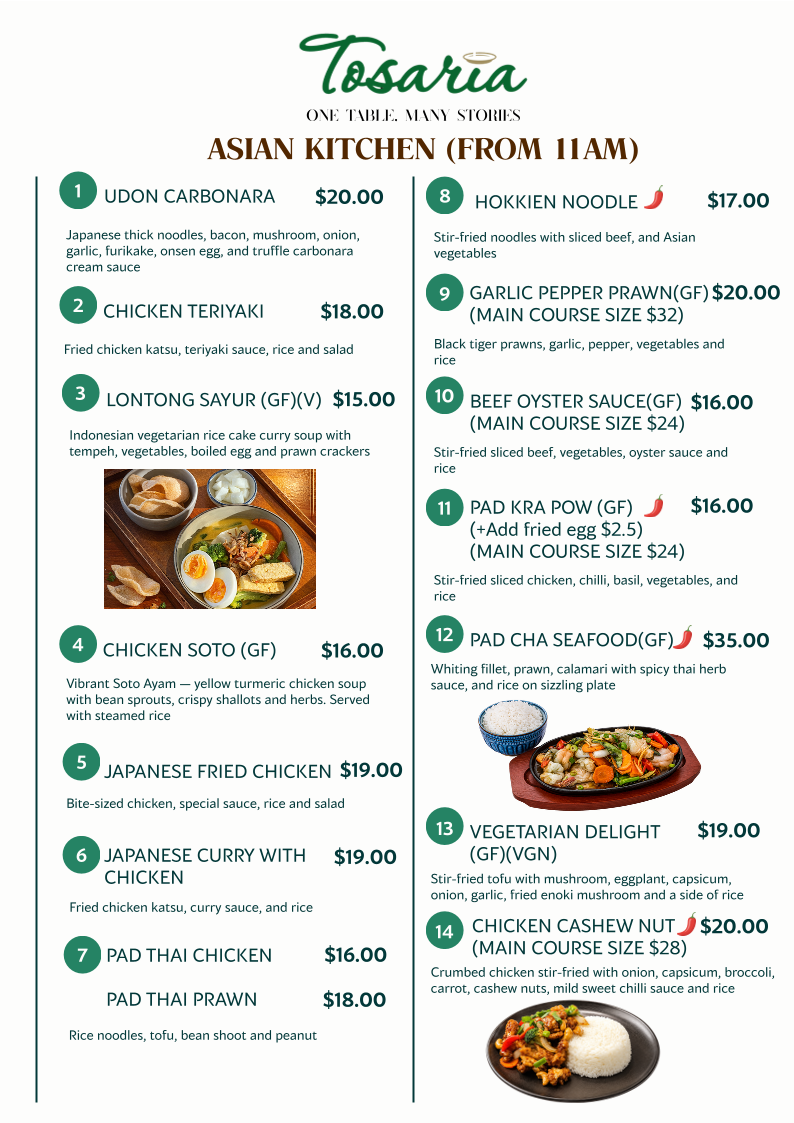 Menu, Tosaria Restaurant