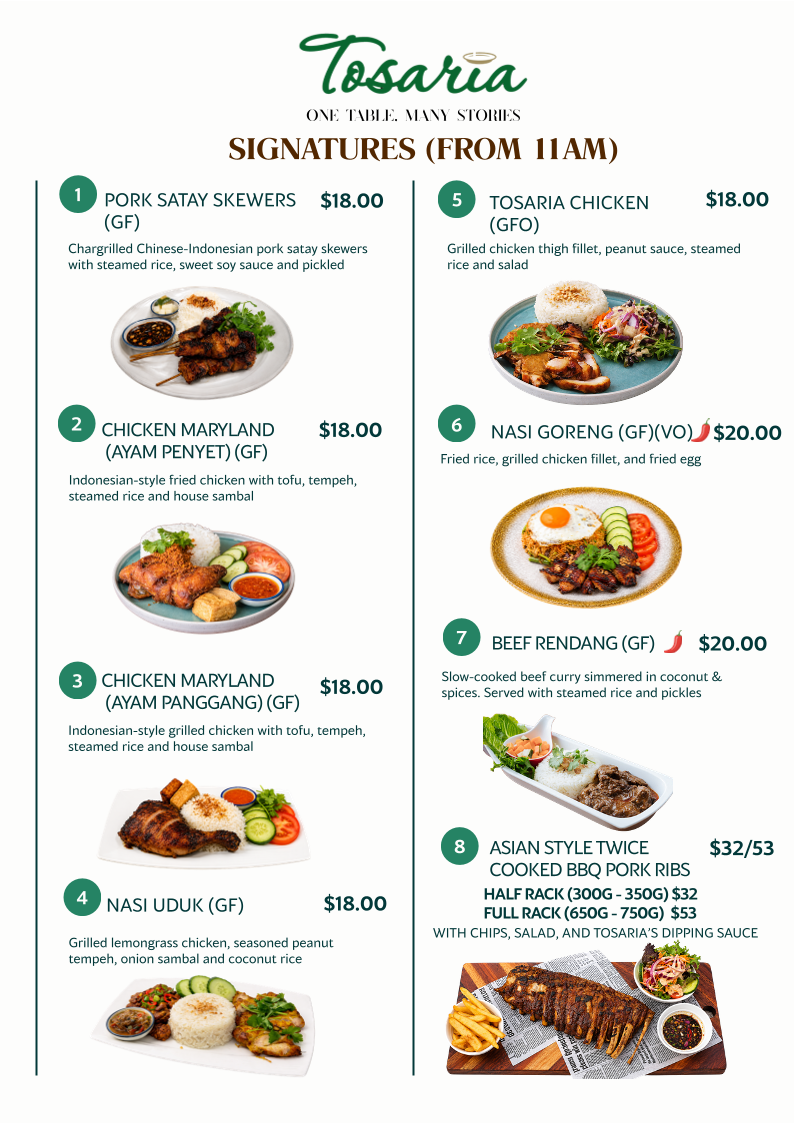 Menu, Tosaria Restaurant