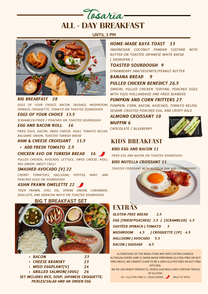 Menu, Tosaria Restaurant