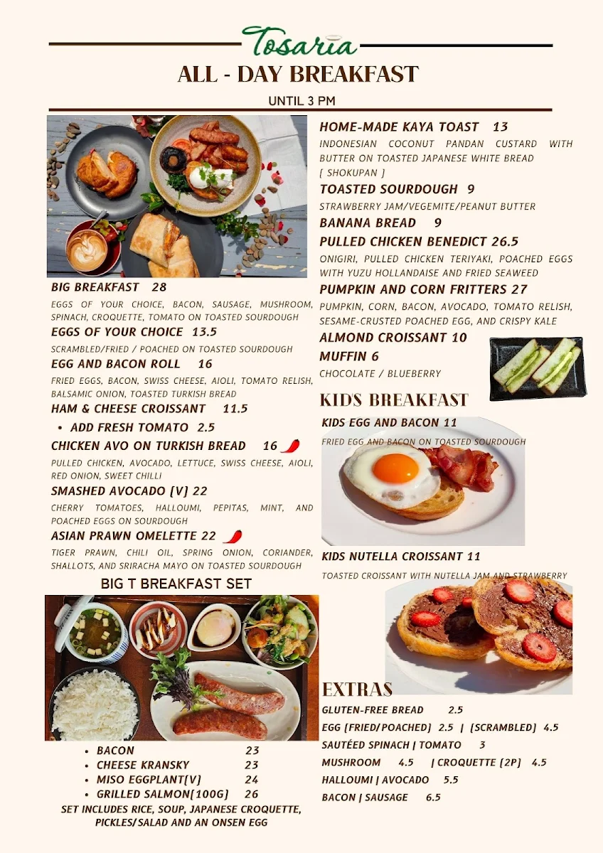 Menu, Tosaria Restaurant