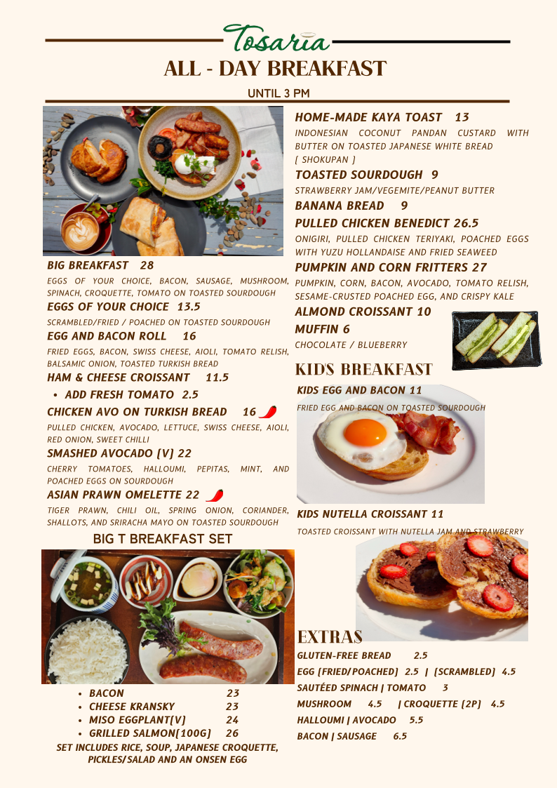 Menu, Tosaria Restaurant