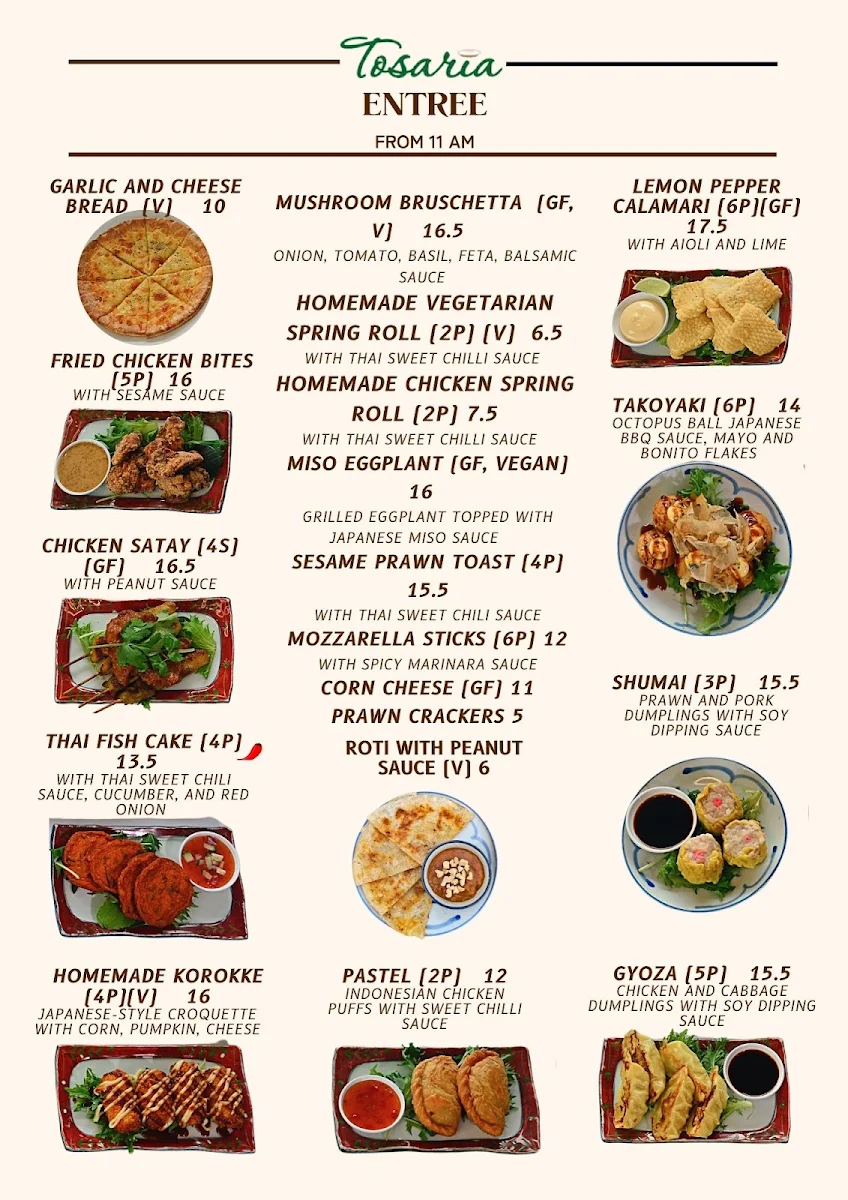 Menu, Tosaria Restaurant