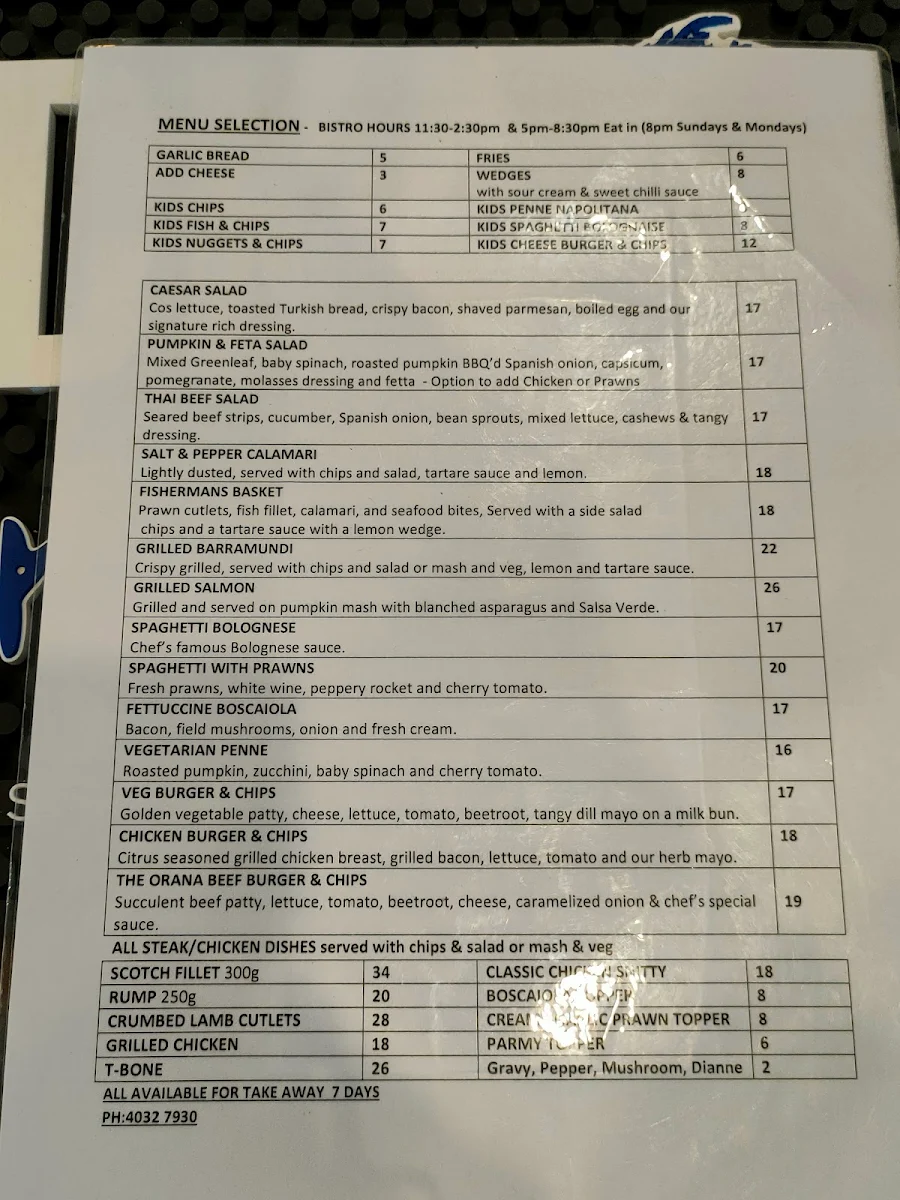 Menu, The Orana Hotel